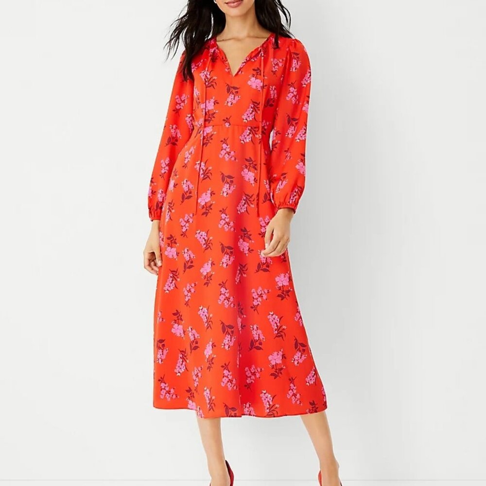 Ann Taylor Floral Tie Neck Midi Dress